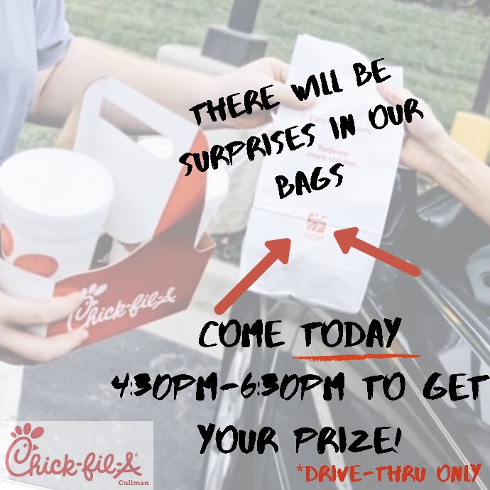 ⭐️SURPRISE TIME⭐️

It’s happening from 4:30PM-6:30PM TODAY

Hint: Check your bags for a PRIZE!
*Drive-Thru ONLY

⁉️What will YOUR prize be⁉️

#weloveourcommunity
