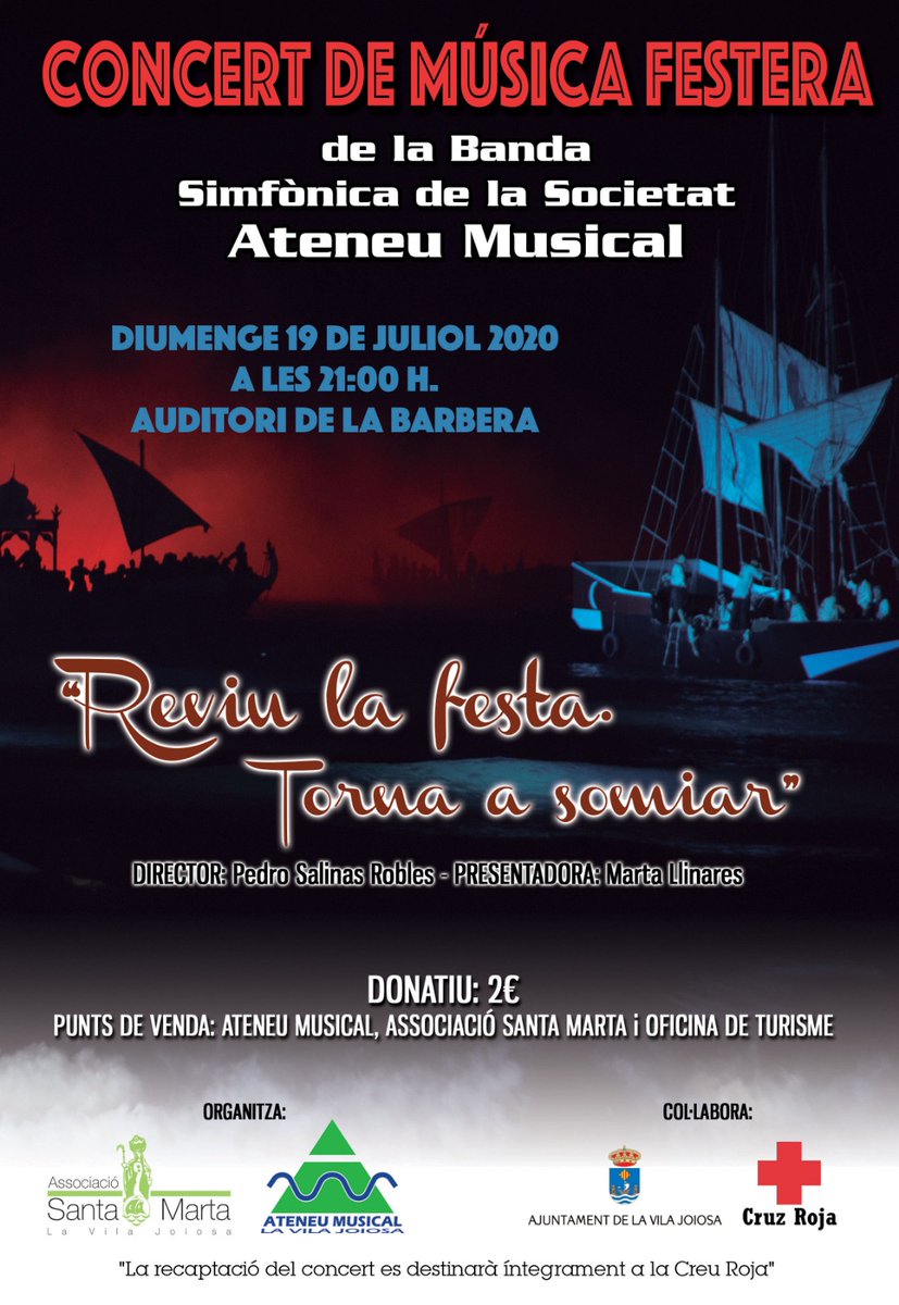 Demà encetem juliol, el mes fester per excel·lència a La Vila. Malgrat la suspensió de les festes de Moros i Cristians, mantenim el tradicional concert de Música Festera diumenge 19 de juliol. Enguany, la recaptació dels donatius es destinarà a <a href="/CruzRojaEsp/">Cruz Roja Española</a> <a href="/musicafestera/">Musicafestera.com®</a>