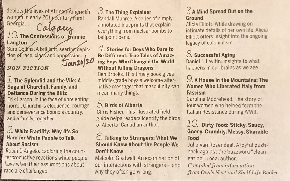 laurawershler's tweet image. Calgarians are keeping our independent booksellers busy with their topical non-fiction reading. See how the bestsellers evolved from May 23rd to June 27. Has the pandemic provided laser focus to important social justice issues? #readingandlearning @owlsnestbooks @shelflifeyyc