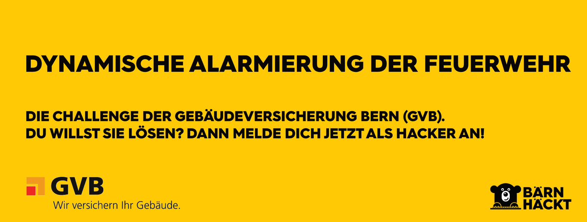 bernhackt's tweet photo. 🚒🔥 Es brennt und keine/r geht hin?! Löse jetzt die Challenge der Gebäudeversicherung Bern (GVB) zur dynamischen Alarmierung der #Feuerwehr. Mehr erfahren: https://t.co/AScgXVha6j

Jetzt als Hacker anmelden: https://t.co/QeX8zSrF6o #bernhackt #hackathon https://t.co/ulXE96KGkO