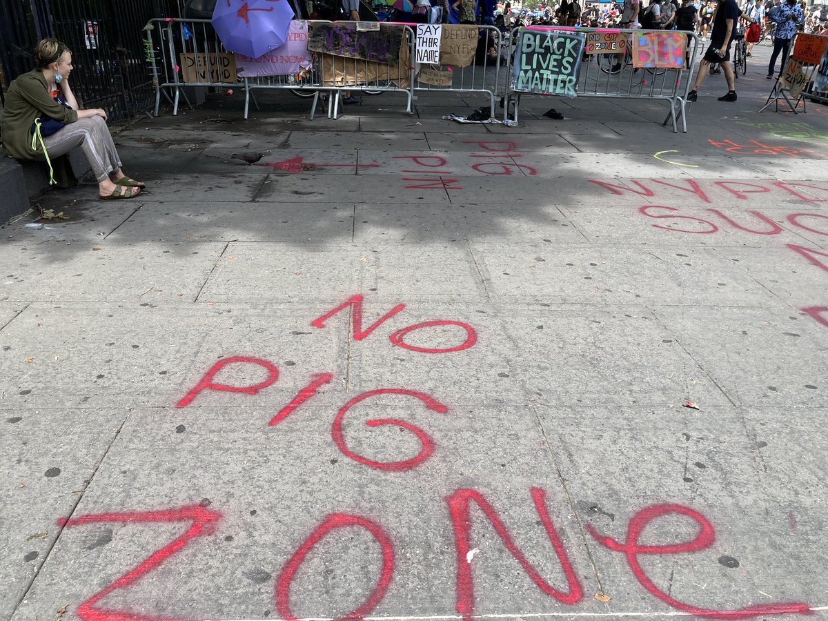 In NYC to cover the Occupy City Hall protest for  @townhallcom and people have set up a “No Pig Zone.” They are calling for the city to defund and/or abolish the NYPD.A sign says this is the “City Hall Autonomous Zone.”