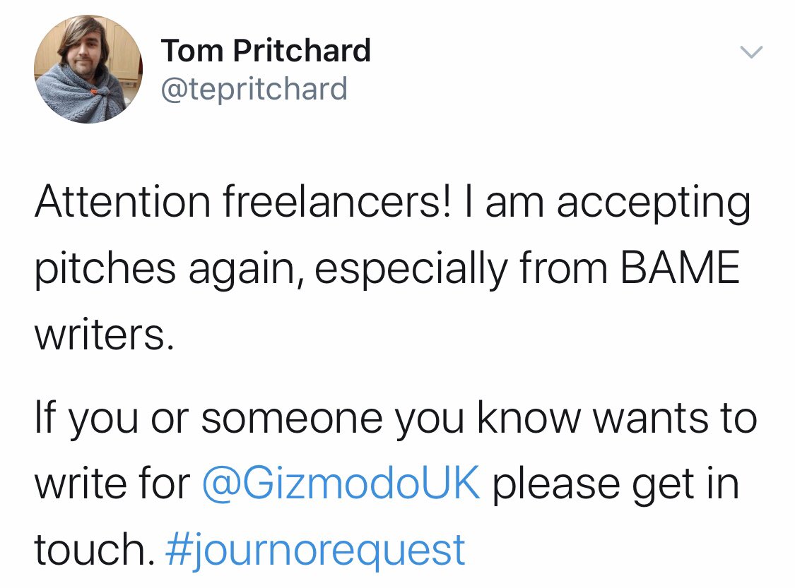  @GizmodoUK is accepting pitches and its editor  @tepritchard encourages Black and minority ethnic writers to get in touch. Here’s the guide on how to pitch to them:  https://www.gizmodo.co.uk/2020/06/how-to-pitch-to-gizmodo-uk/