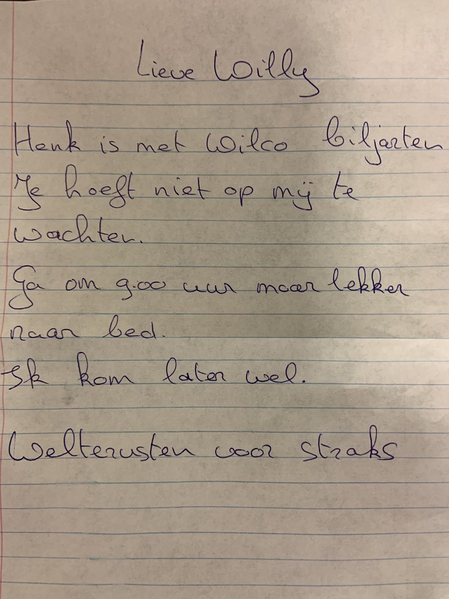 Westrik's tweet photo. Ik denk dat moeders afgelopen dagen op zoek was naar Henk, onze vader. Om haar gerust te stellen. 
( pa is 2 jr gel. al overleden ) #handgeschreven briefje van verplegend personeel. Toppers. @zorggrotewaarde #dementie #geruststellen #zorg 🙏🏻❤️ En ik, ik ben dus even a/h biljarten https://t.co/mlLwrEXQp8