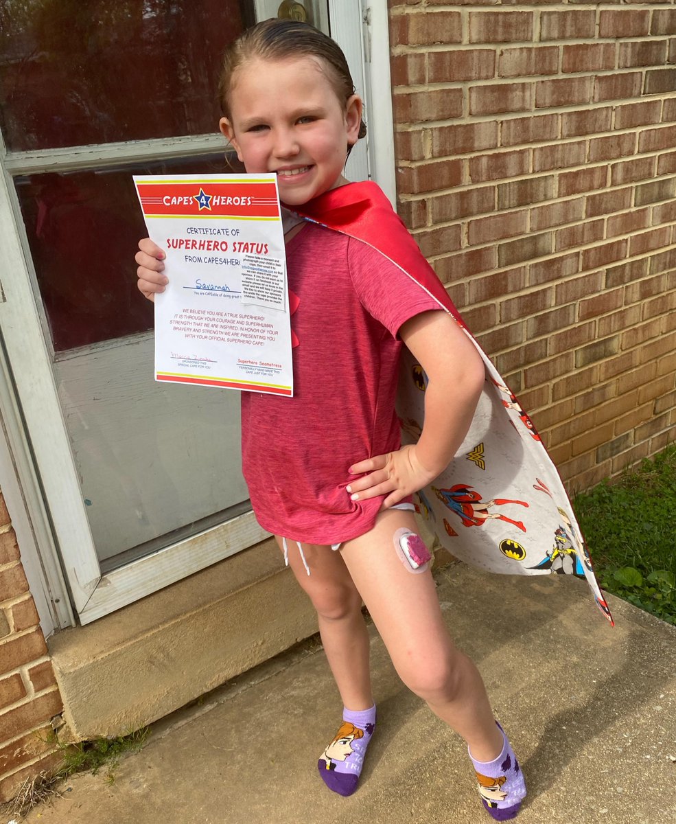 "Thank you so much! My type one superhero got her cape today, sure made her smile so much! She had to show her diabetes pod off in the picture, she is a brave girl for sure!!" -Christine 

Thank you Marcia Ziemba for sponsoring superhero Savannah!