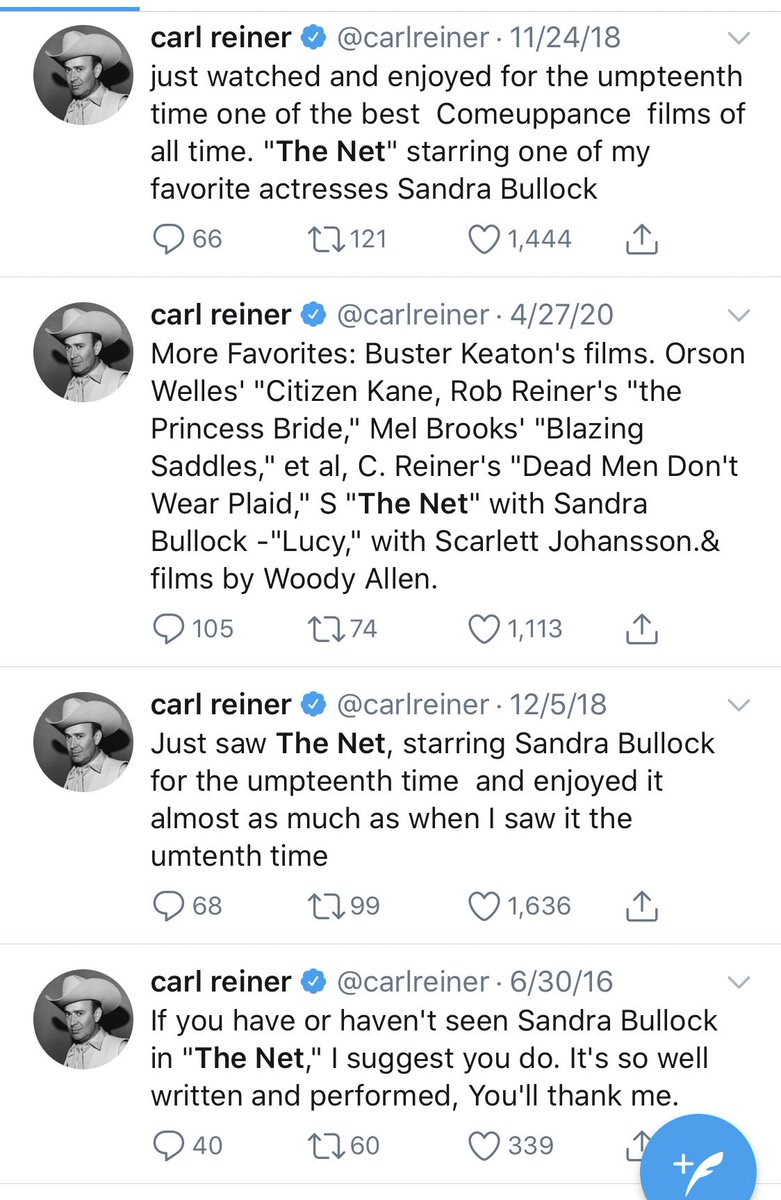 caitiedelaney's tweet photo. Never forget how much Carl Reiner loved The Net (1995) https://t.co/1Gu65n1s5B