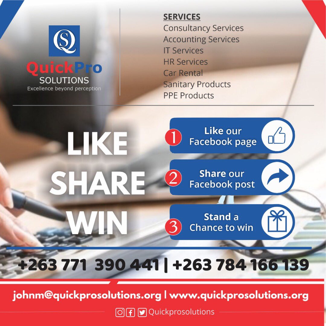 quickpro_soluti's tweet image. Stand a chance to win ZWL$200 worth of airtime (Network of your Choice).Follow the instructions on our facebook page,follow the link 
facebook.com/11701241004960…