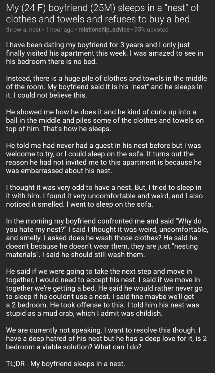 My (24 F) boyfriend (25M) sleeps in a 'nest' of clothes and towels and refuses to buy a bed. reddit.com/r/relationship…
