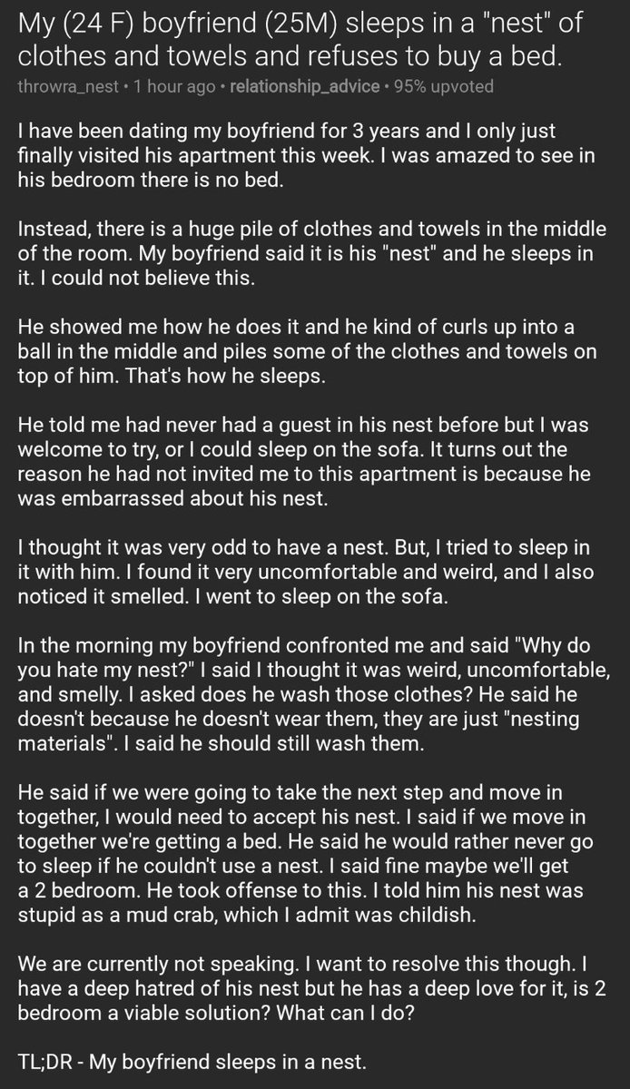 Relationships Txt My 24 F Boyfriend 25m Sleeps In A Nest Of Clothes And Towels And Refuses To Buy A Bed T Co Ngeylswmlw