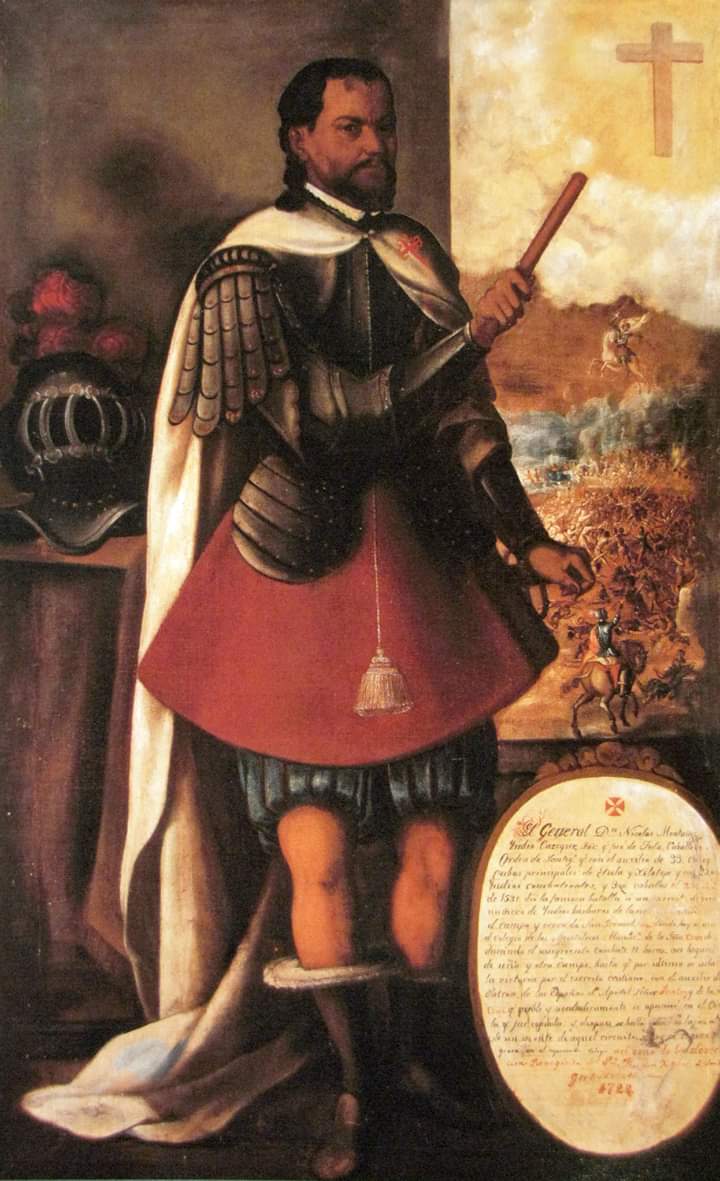 CONQUISTADOR INDIO. Nicolás de San Luis Montáñez. Descendiente de los reyes toltecas. Nombrado por Carlos V  Cacique de Tula y Cap General para pacificar a  chichimecas y otomíes. Por sus servicios es reconocido como caballero de la Orden de Santiago por el Virrey Luis de Velasco