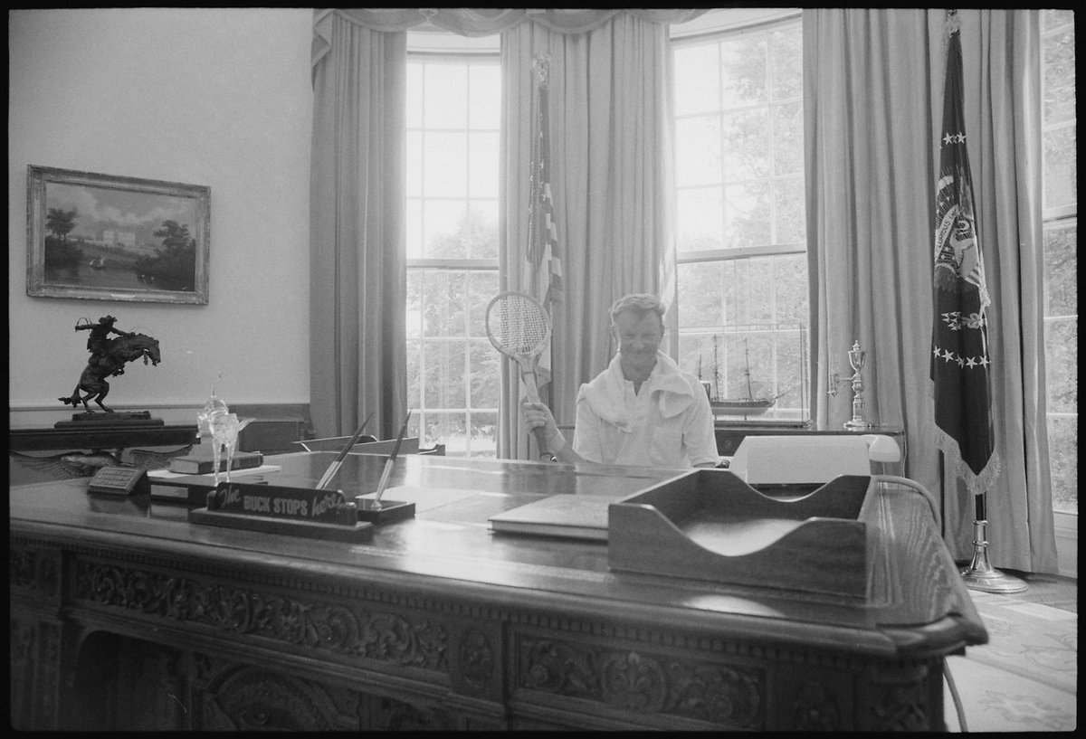 After JFK’s assassination, the desk went on a year-long tour with the Kennedy Library traveling exhibition, then to the Smithsonian Institution for exhibition from 1966-1977. The desk was returned to the Oval office at President Jimmy Carter’s insistence. https://www.cheatsheet.com/money-career/secrets-oval-offices-resolute-desk-used-every-president-since-carter.html/