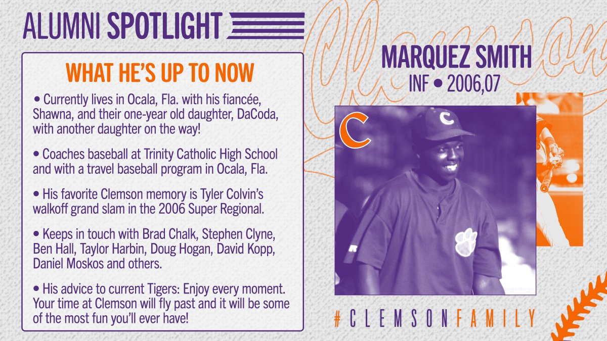 Former Tiger <a href="/marquez35/">Marquez Smith</a> hit .315 with 23 home runs, 33 doubles, 104 RBIs, 107 runs &amp; 11 steals in 130 games in 2006 and 2007 under Head Coach Jack Leggett.

See what he's up to now. 👇

#AlumniSpotlight #ClemsonFamily 🐾