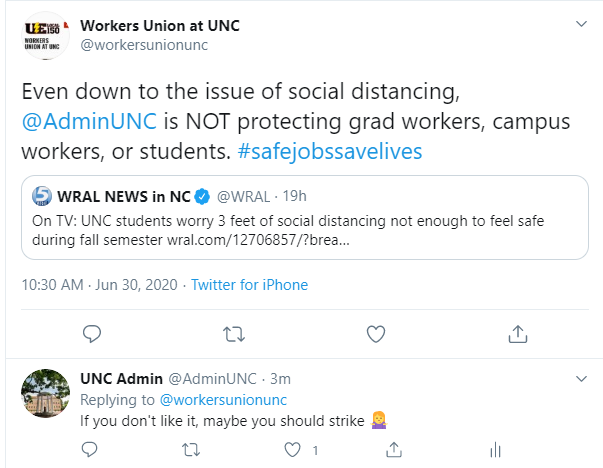 AdminUNC's tweet photo. UNC has clearly &amp; repeatedly stated that we do not give a shit whether our workers live or die. We will not change our course of action until you put our dear, beloved $$$ at risk. 

If any unions have an issue with this, do feel free to go on strike 😎 https://t.co/XBrFz7P0bn