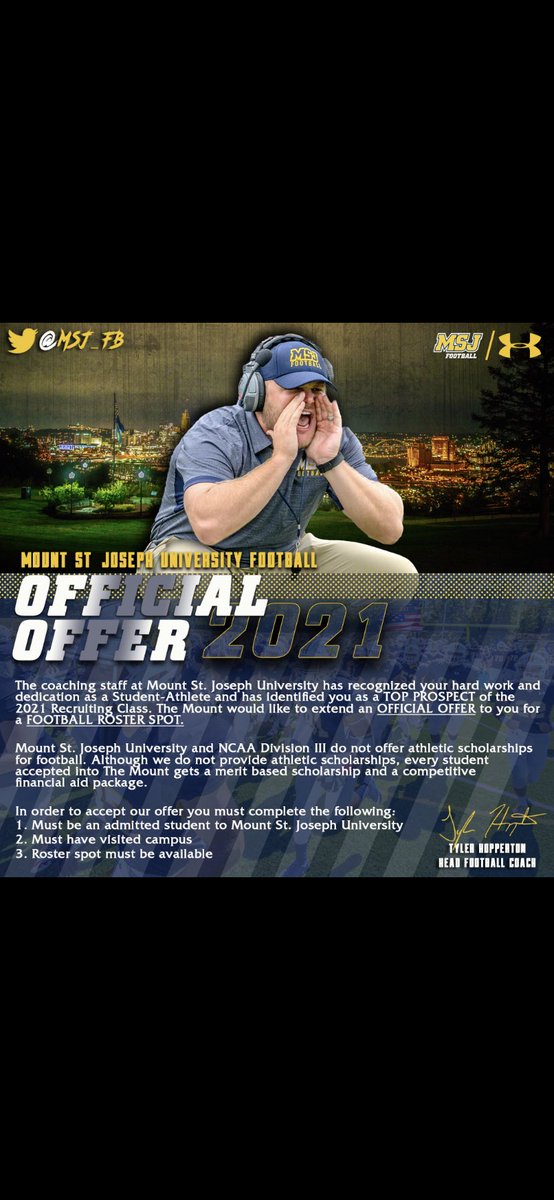 Im blessed to receive my first offer from Mount Saint Joseph University <a href="/MSJ_FB/">Mount St. Joseph Football</a> <a href="/coachtmsj/">Rick Thompson</a> <a href="/CoachHopperton/">Coach Hopperton</a>