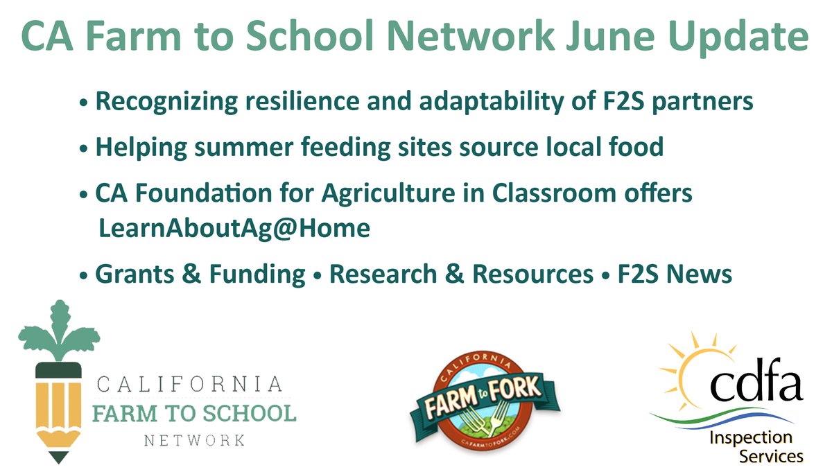 Click here for the latest CDFA Office of #FarmtoFork (CDFA-F2F) CA #FarmtoSchool Network newsletter:
mailchi.mp/8a8b7feb594e/c… 
<a href="/FarmtoSchool/">National Farm to School Network</a>