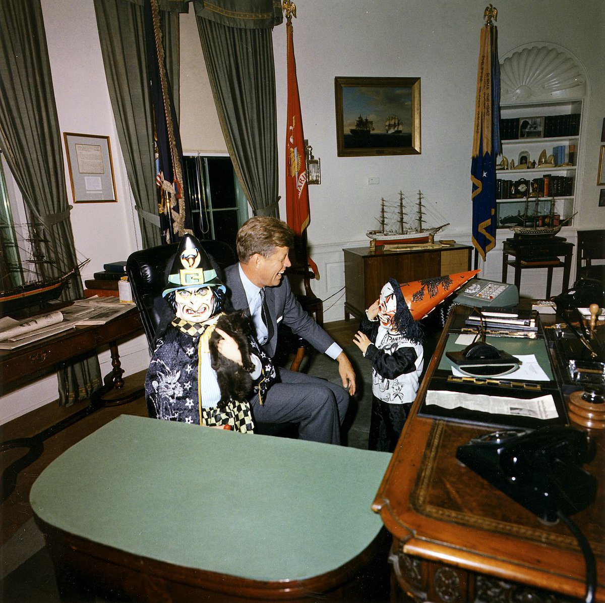 The Resolute desk was placed in the oval office for the 1st time in 1961, per the request of JFK. Jackie found the desk in the broadcasting room and moved it to the oval office during her White House restoration project. https://www.biography.com/news/jacqueline-kennedy-white-house-restoration