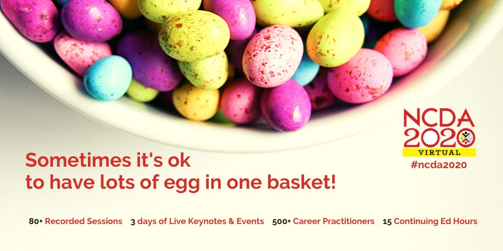 We put all our eggs in one summer basket for you! 

Our community boosting virtual conference:
⠀ ⠀
✅ 3 days of Live Keynotes &amp; Events⠀
✅ 80+ hours of Recorded Sessions⠀
✅ 15 Continuing Ed Hours⠀
✅ 500+ #Career pros⠀ ⠀
✅July 14-16 

Link in bio to register   
#ncda2020
