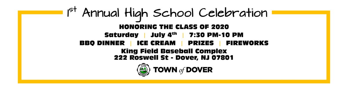 Dear Dover High School Class of 2020,
You are cordially invited to the 1st Annual High School Celebration by the Town of Dover. Please RSVP by filling out the Google Form today. forms.gle/ZwLvtPaQR9Y9vm…