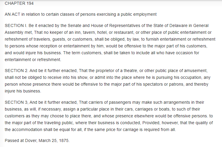 These 2 code sections were originally passed March 25, 1875 along with a third section, which has been repealed, that allowed carriers of passengers to segregate passengers who "would be offensive persons to the major part of the traveling public."