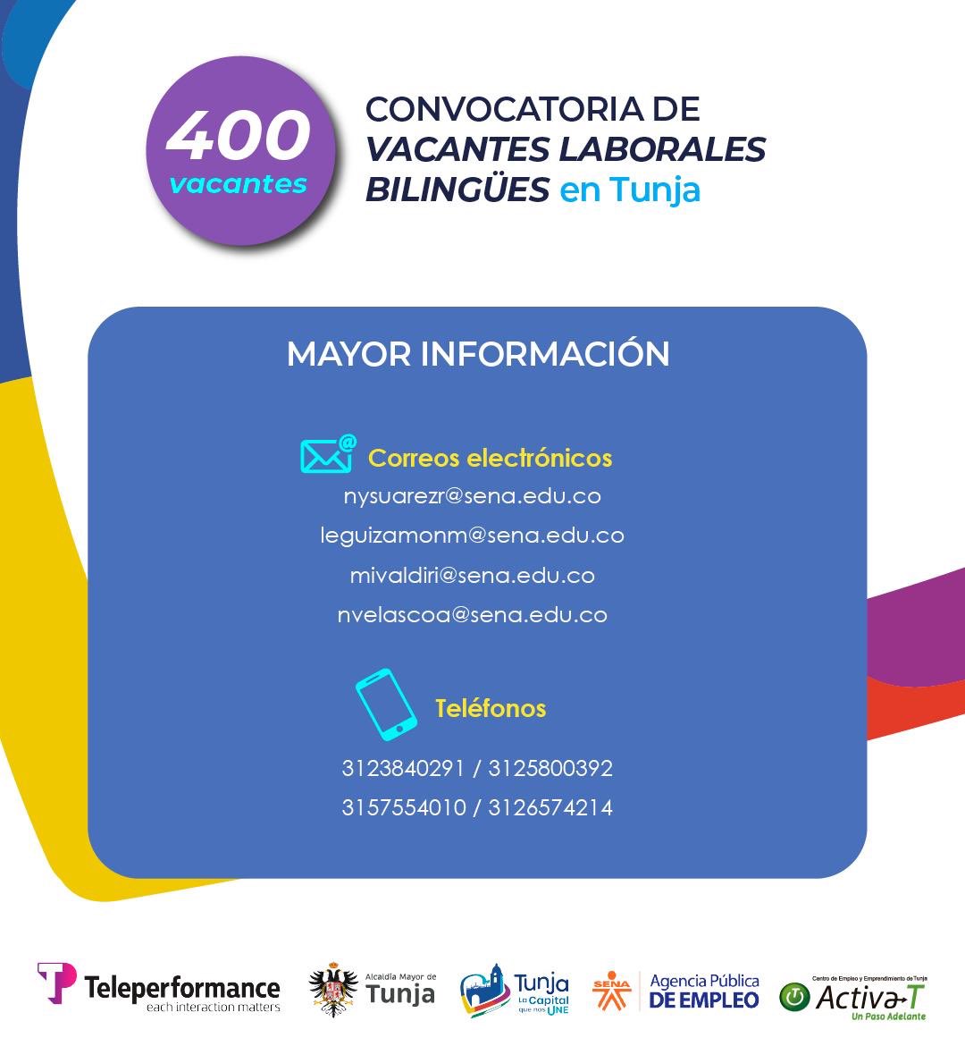 AlcaldiaTunja's tweet photo. ¡400 vacantes laborales disponibles en Tunja!

Desde hoy 30 de junio y hasta el próximo 10 de julio podrán postularse los ciudadanos interesados en trabajar como Agentes Contac Center en la multinacional francesa @Teleperformance. https://t.co/ZTEPNmCbmL