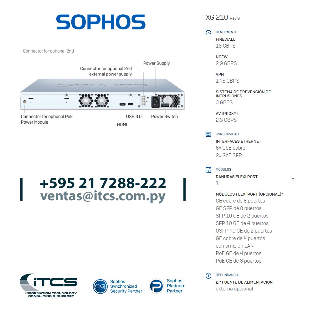 itcssa's tweet photo. Hoy te presentamos otro equipo de Sophos, el XG 210 Firewall, adaptado para Medianas Empresas, con todas las funcionalidades integradas! Equipos disponibles en Stock, consulte por una Demostración a ventas@itcs.com.py #itcs #itcssa #sophos #ciberseguridad https://t.co/DlGZ8nLEIy