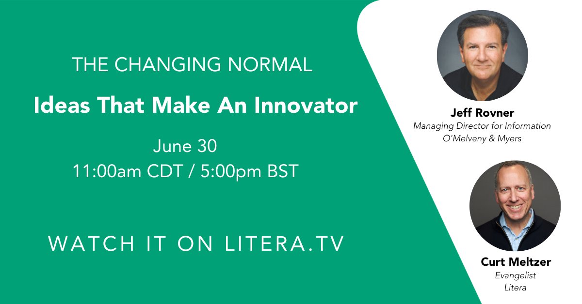 Starting in 15 min on #LiteraTV: 1:1 with <a href="/jacksonkellylaw/">Jackson Kelly PLLC</a> CIO <a href="/jeffrey_brandt/">Jeffrey Brandt</a>, how to get started with Litera Transact, more tales from the DocER, and <a href="/cmeltzer/">Curt Meltzer</a> chats with <a href="/jeffrovner/">Jeff Rovner</a>, Managing Dir of Information at <a href="/omelvenymyers/">O’Melveny</a>. Tune in! >> Litera.tv #legaltech