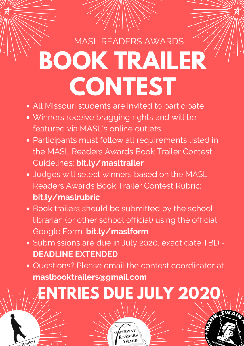 MASL's book trailer contest has been extended through July. Encourage your students to submit their entries! More information here: bit.ly/3dLtYBG.