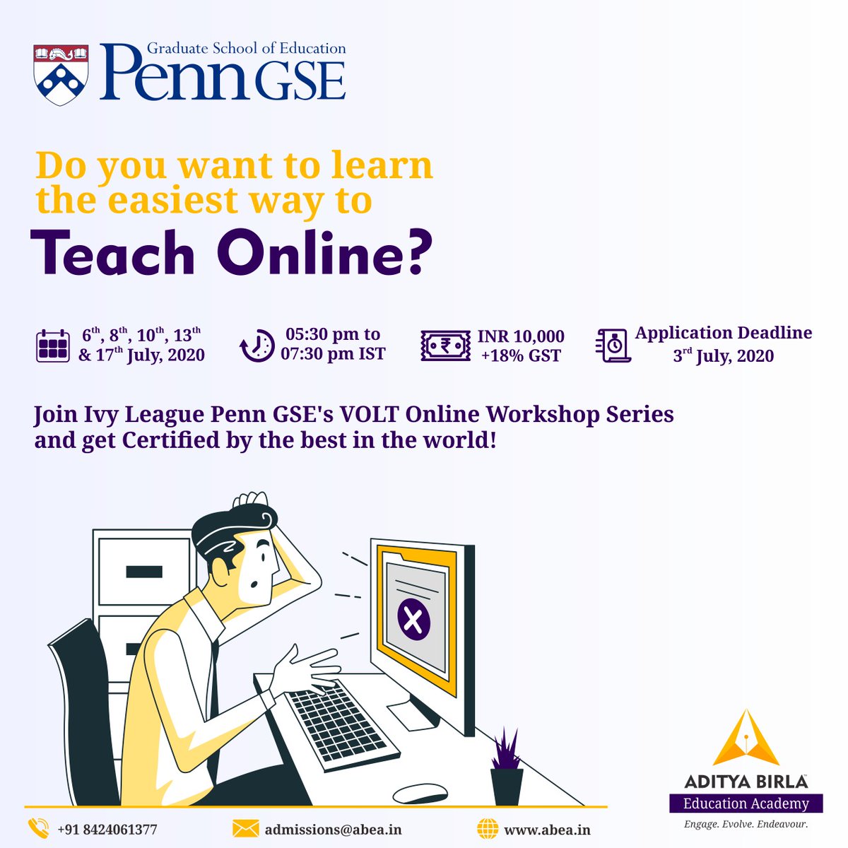 ABEA4Educators's tweet image. Want to learn the easiest way to teach online from the experts, but missed the application deadline? Don't worry! We are now accepting applications for the VOLT Online Workshop Series upto 3rd July 2020. 
Register NOW: bit.ly/3dYapHr

#VOLT #edtech #EdTech2020 @PennGSE