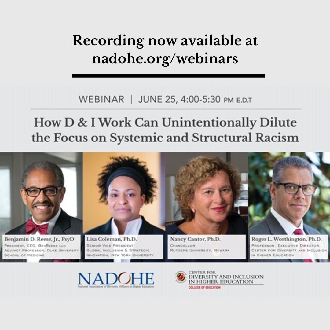 UMDcdihe's tweet photo. "How D&I Work Can Unintentionally Dilute the Focus on Systemic and Structural Racism" is now available at https://t.co/mbZOYEUsmd Thank you to all of the panelist for a thought provoking webinar.
#nadohe #cdihe #umdcdihe #diversityandinclusion #umd #highereducation https://t.co/5cdvN4Hp2b