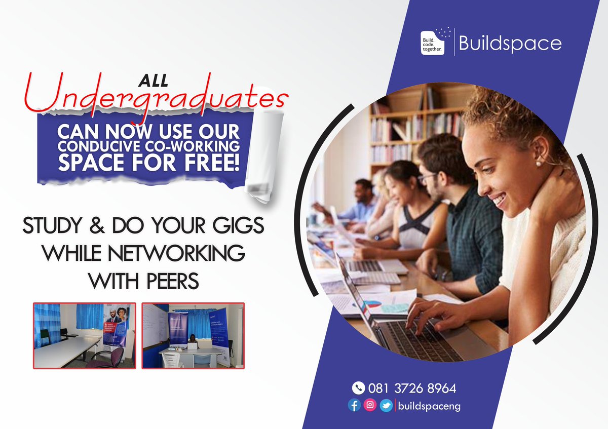 Buildspaceng's tweet photo. As promised 😊

Undergraduates around Ibadan now have completely FREE access to our co-working spaces.

Plus side: You get free Uninterrupted power.

To book a space, call: 08137268964

#buildspace #workspace https://t.co/cXrbdLHubj