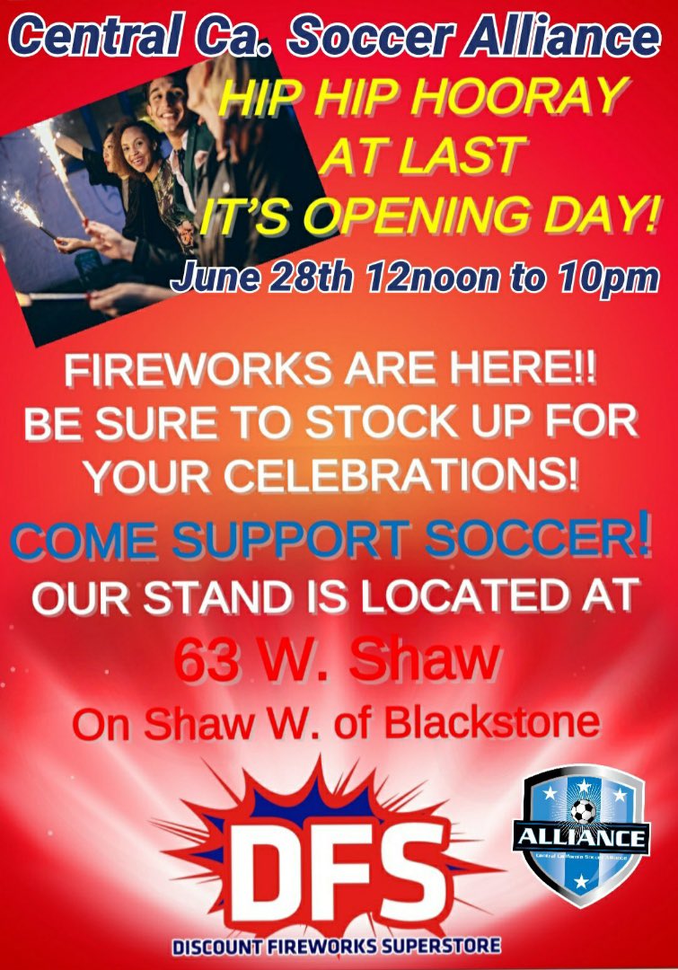 CCSAlliance's tweet photo. Come support Central California Soccer Alliance by buying fireworks on Shaw and Blackstone https://t.co/dwDWTtDUfu