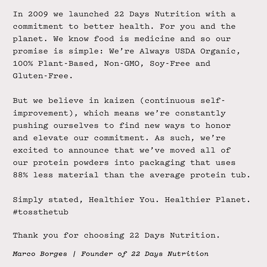 22DaysNutrition's tweet photo. Tomorrow: 4 Flavors in New Sustainable Packaging ✨ #tossthetub
.
.
.
.
.
.
#22daysnutrition #sustainable #ecofriendly #organic #sustainableliving #environment #plantbased #vegan #vegannutrition https://t.co/4zRX8Ua9lP