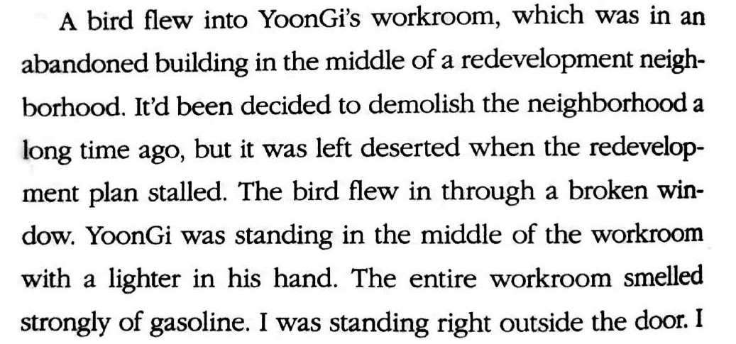 We come to an important scene of TN. This time it's TN's version of INU. SJ tries to understand YG to save him and while YG surrounded by gasoline is about to let his lighter fall on the ground, a little bird enters from the window.