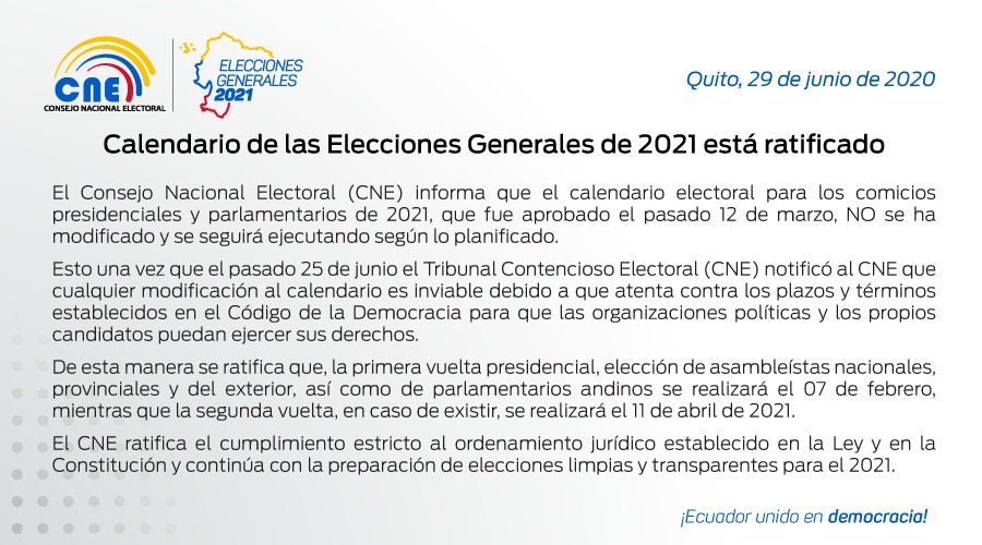 🗳️#EleccionesEc2021 | Se ratificó el calendario para los próximos comicios electorales: "no se ha modificado y se seguirá ejecutando según lo planificado".

🔴Fuente: <a href="/CNEAzuay/">CNE Azuay</a>