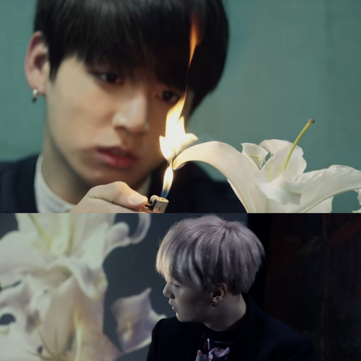  At 2:51Run: YG throws a chair at the mirrorINU: YG lights his lighterINU jap.: JK sets on fire the lily (followed by the lily picture starting to burn behind YG)