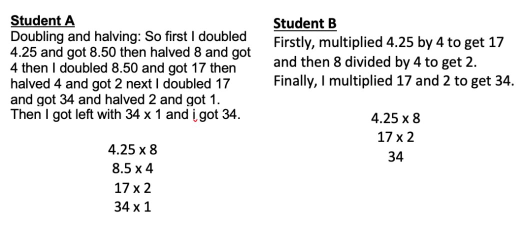 MathTransform's tweet photo. What do you notice about how these 6th graders solved 4.25 x 8?  How are their strategies similar and different? #NumberTalks #DistanceLearning #NumberSense https://t.co/FvtYuZ3UCB