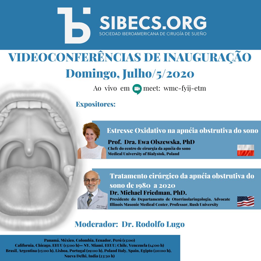 sibecs's tweet photo. Videoconferências de Inauguração, Domingo 5/Julho/2020
Panamá, México, Colombia, Ecuador, Perú (13:00), California, Chicago, EEUU (13:00 h)— NY, Miami, EEUU; Chile, Venezuela (14:00h), Brasil, Argentina (15:00 h), Lisboa, Portugal (19:00 h), Poland,Italy, Spain, Egipto (20:00 h) https://t.co/WIeVGarvoz