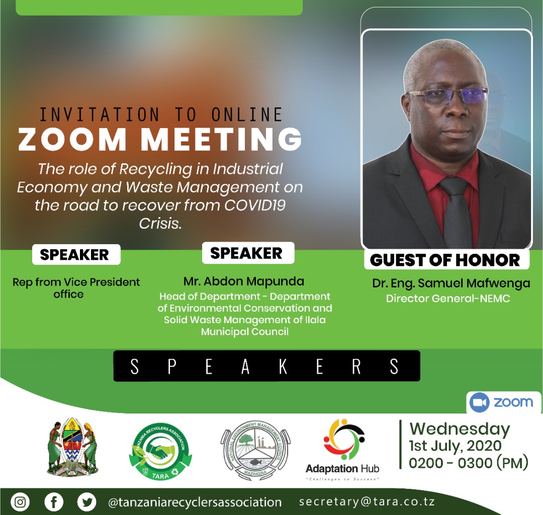 WELCOME
Topic: The role of Recycling In Industrial Economy and Waste Management on the road to recover from COVID19 Crisis 
Time: Jul 2, 2020 02:00 PM Africa/Dar_es_Salaam
Join Zoom Meeting
us02web.zoom.us/j/4077246154?p…
Meeting ID: 407 724 6154
Password: 7ef3HF