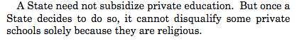 Roberts' majority opinion in Espinoza hinges on a provision of the Montana constitution that bars state money from going to religious schools. Roberts says that provision, as applied here, violates the free exercise clause of the U.S. constitution.