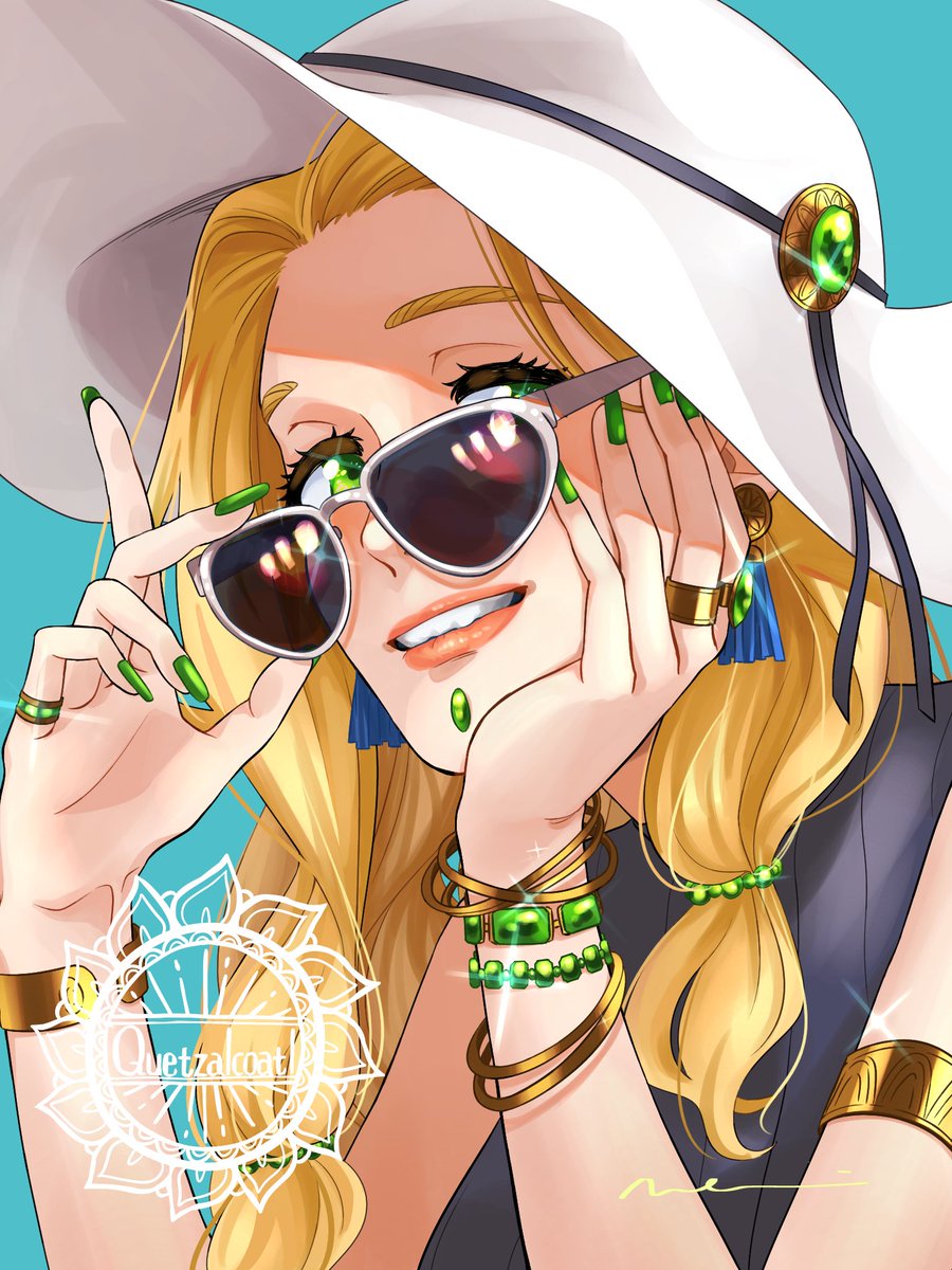 1girl jewelry green nails green eyes bracelet sunglasses solo  illustration images