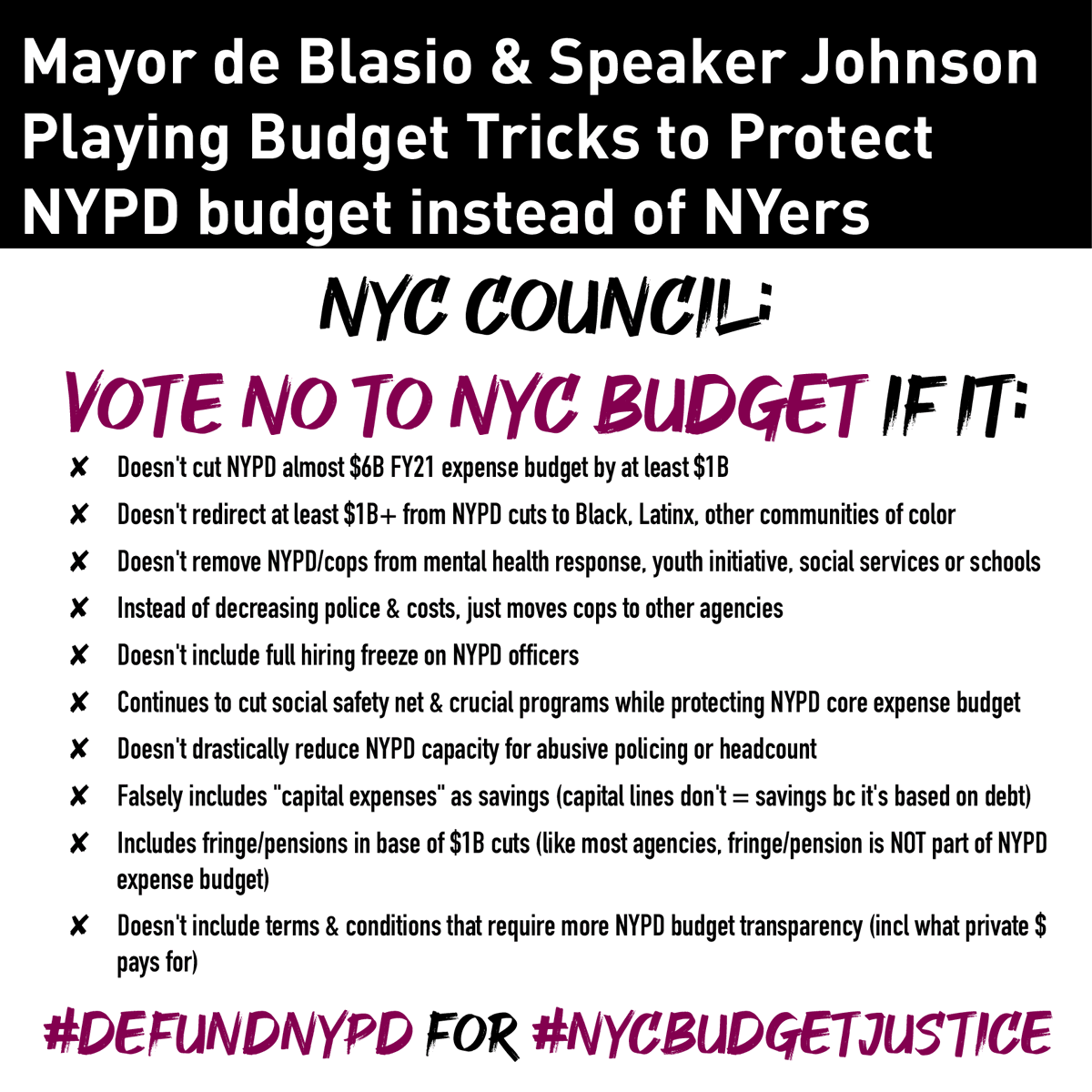 ColorOfChange's tweet photo. The @NYCCouncil will be voting on @NYCMayor's budget proposal at any moment now. 

They must vote NO on his proposal to use funny math to move around $ and avoid defunding the NYPD. We need AT LEAST $1B in cuts and reinvestment in our communities. #NYCBudgetJustice https://t.co/4Otv3ifq7u