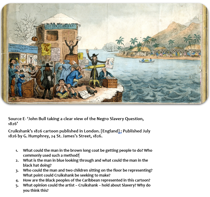 We looked at it in partnership with this revealing if odious satire by Cruikshank - note the 'hard-pinched' white people and the joyous, enslaved Black people. This was a past that was present in the classroom and it was coming alive for my students...
