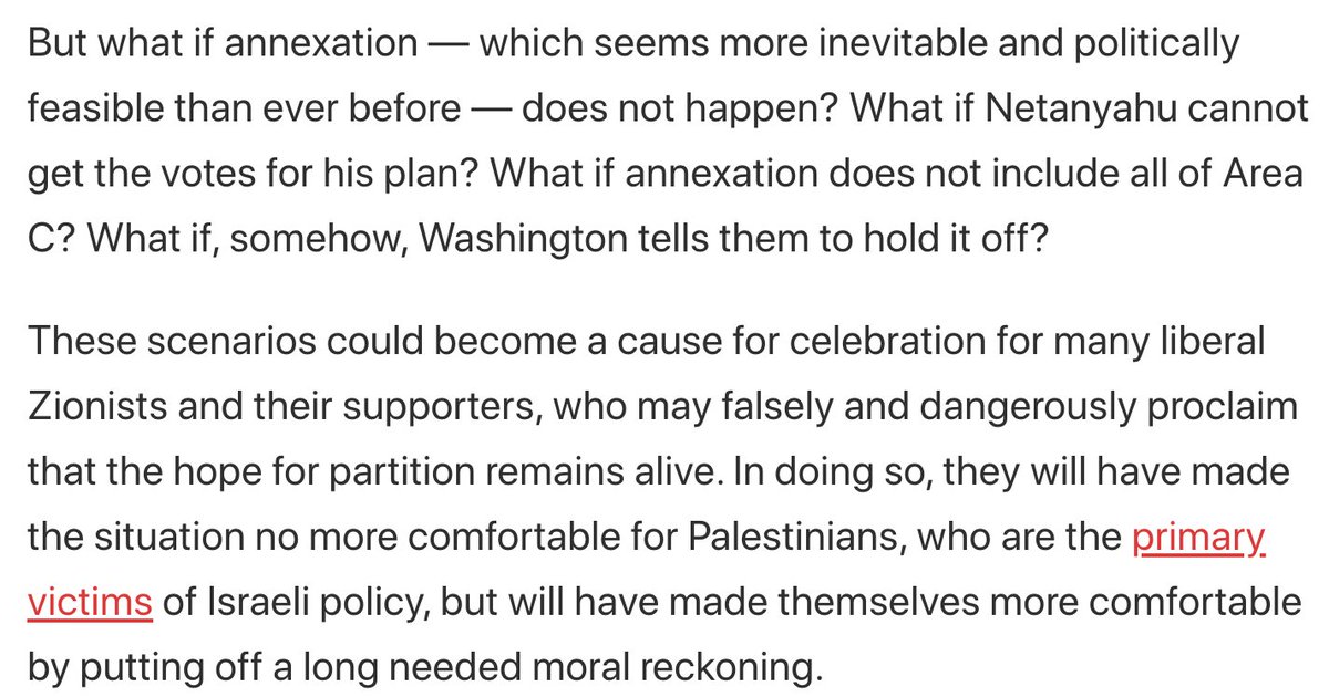 . @YousefMunayyer calls Liberal Zionists specifically to task for enabling this moment by hanging onto a fantasy that Gantz would help bring about two states, and in so-doing, ceding ground to the right to further advance their goals  https://www.972mag.com/liberal-zionism-israel-annexation/