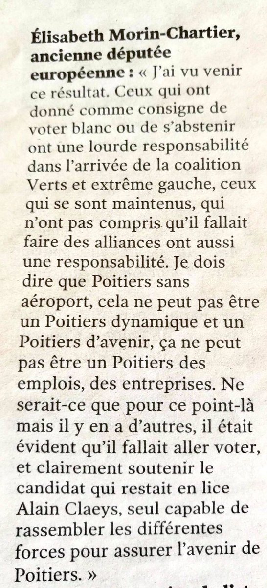 cdi86's tweet photo. Analyse lucide d’@emorinchartier la responsabilité de ceux qui ont donné la consigne de voter blanc ou de s’abstenir portent la lourde responsabilité dans l’arrivée des verts-extrême-gauche notamment #LR86 dommage que le plaisir d’un instant ait prévalu à l’intérêt de #Poitiers https://t.co/crbg9wYYrn