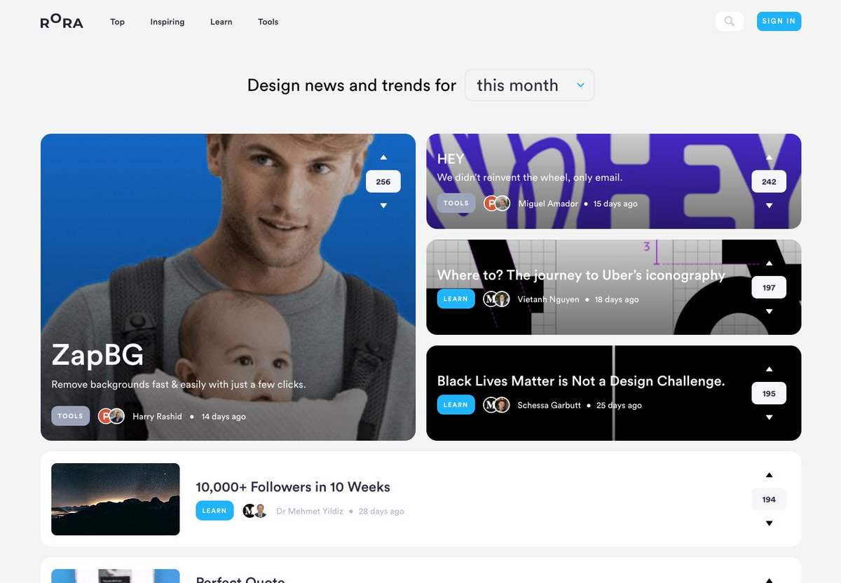 Hottest 🔥  design things to be aware of this month! Check it out here: rora.co/?range=month

<a href="/heyhey/">HEY</a> <a href="/bg_zap/">ZapBG</a> <a href="/Uber/">Uber</a> <a href="/teamcodestream/">New Relic CodeStream</a>
