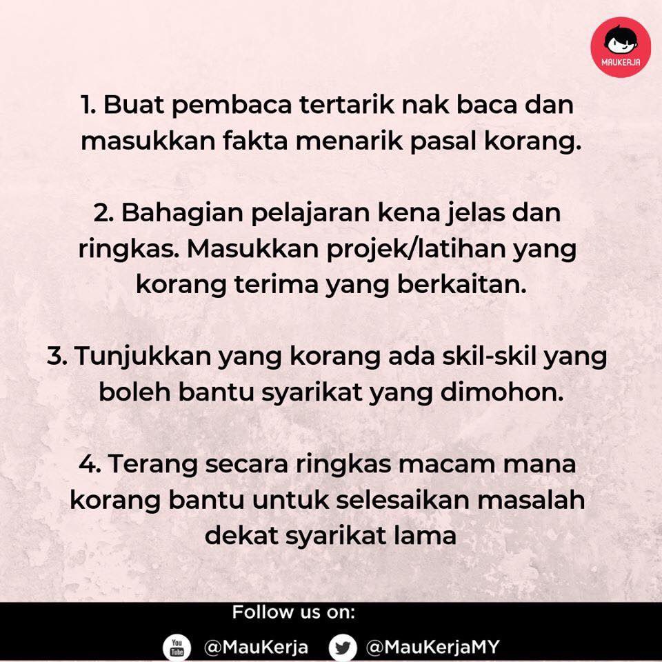 resume_kreatif's tweet photo. Pastikan resume korang ada semua trick ni. baru la HR panggil interview..

Kredit: Maukerja Malaysia https://t.co/Q3m7ixi851
