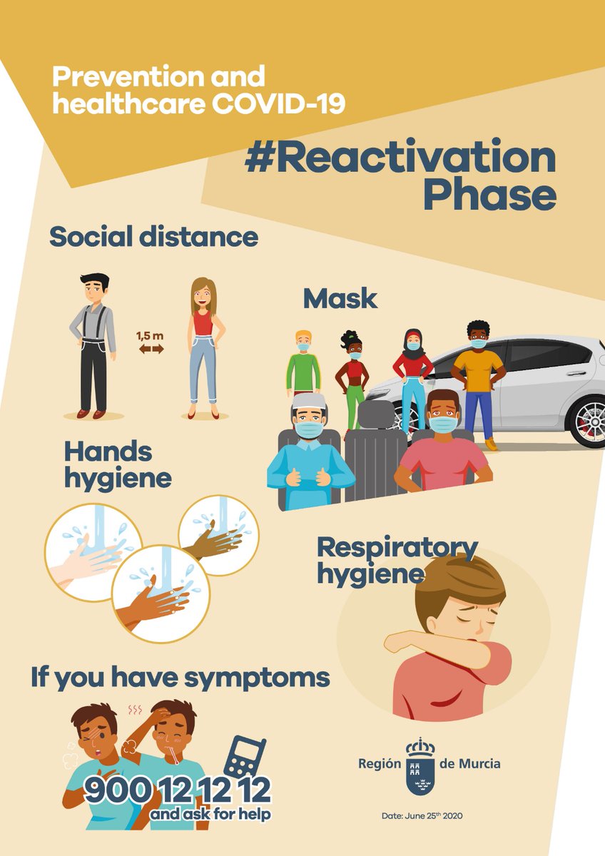 Murciasalud's tweet photo. Medidas de #prevención y #asistencia #COVID19 en la #RegióndeMurcia 

☑️Distancia con otras personas ↔️
☑️Uso de #mascarilla😷
☑️#HigieneDeManos frecuente🧴
☑️#HigieneRespiratoria🤧
☑️Llama al 900121212 si tienes síntomas y pide ayuda📱

#MurciaSalud #prevenircovid19 #coronavirus https://t.co/aTaU43dMgq