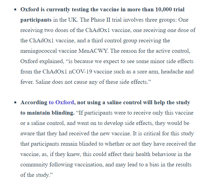 Ok, getting into the fun stuff now: Trial designs. FDA calls for randomized, double-blinded, placebo-controlled studies. That's actually interesting. Some vaccine candidates, like Oxford's candidate, are using an active comparator. From AgencyIQ last week: