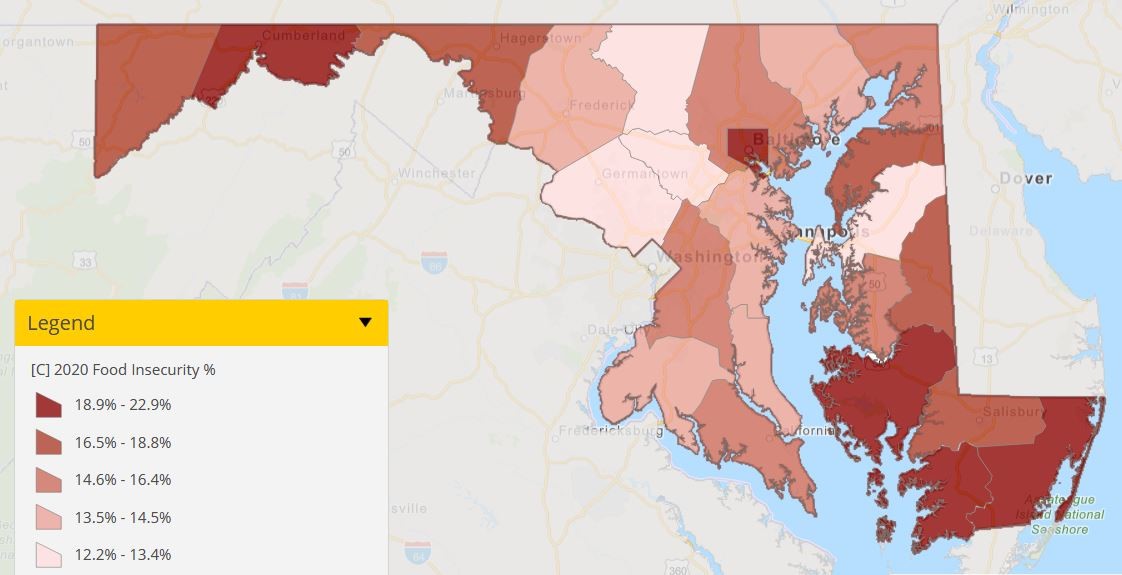 How could #COVID19 impact local #foodinsecurity in Maryland? CLF’s mapping team has added projected food insecurity estimates developed by <a href="/FeedingAmerica/">Feeding America</a> to the #MarylandFoodSystemMap: mdfoodsystemmap.org feedingamerica.org/sites/default/…