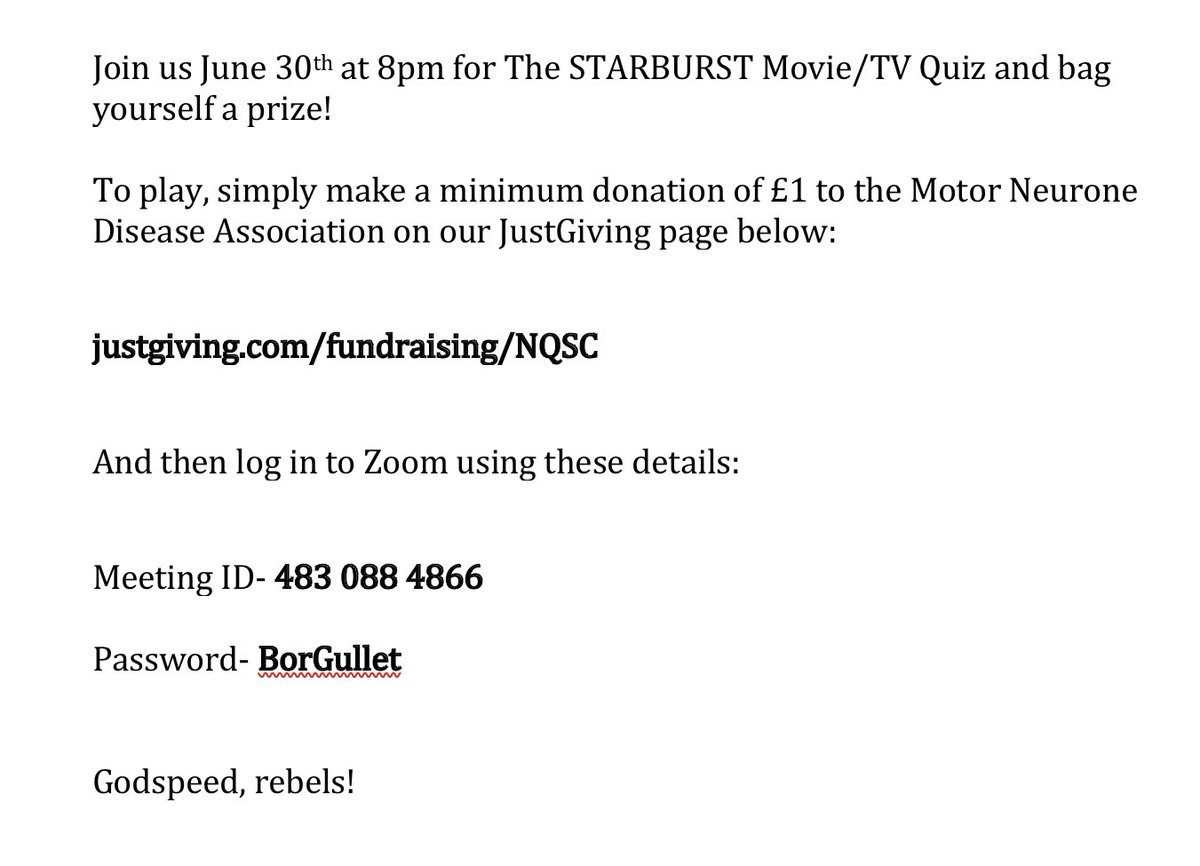STARBURST_MAG's tweet photo. Join us for a STARBURST Movie/TV Zoom Quiz tonight at 8pm and test your knowledge alongside our crew to win yourself some prizes! It’s a donation of £1 to play (all proceeds to go to @mndassoc), full details below. See you in The Thunderdome! https://t.co/ueZDsRmbFQ