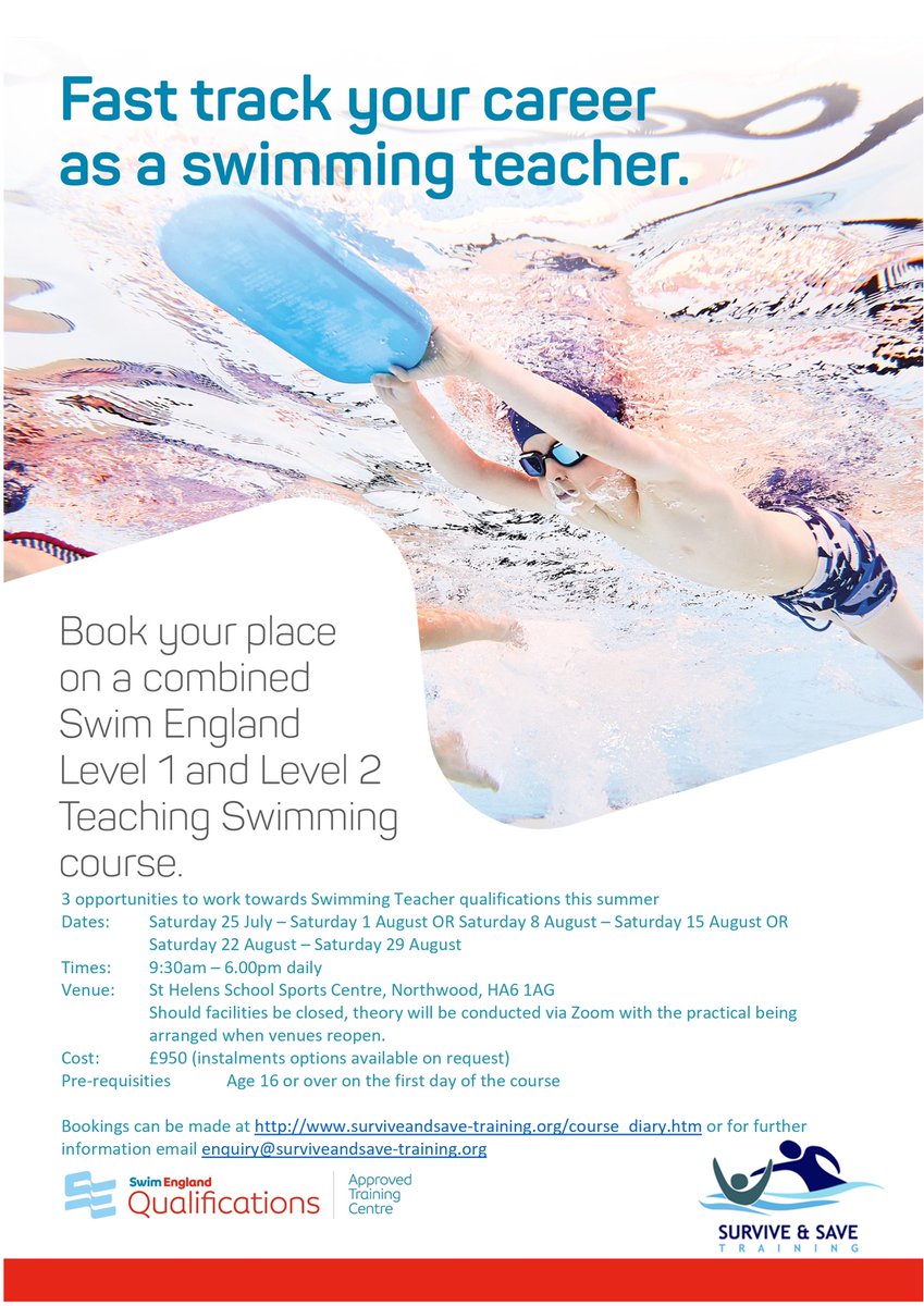 surviveandsave's tweet photo. Details of our summer opportunities to work towards @Swim_England qualifications on a combined SEQ L1 Swimming Assistant & L2 Teaching Swimming programme.
Bookings and further information at https://t.co/3n52LAbiA9
#SEQualifications #TeachingSwimming #London https://t.co/KbQOAVdMQb